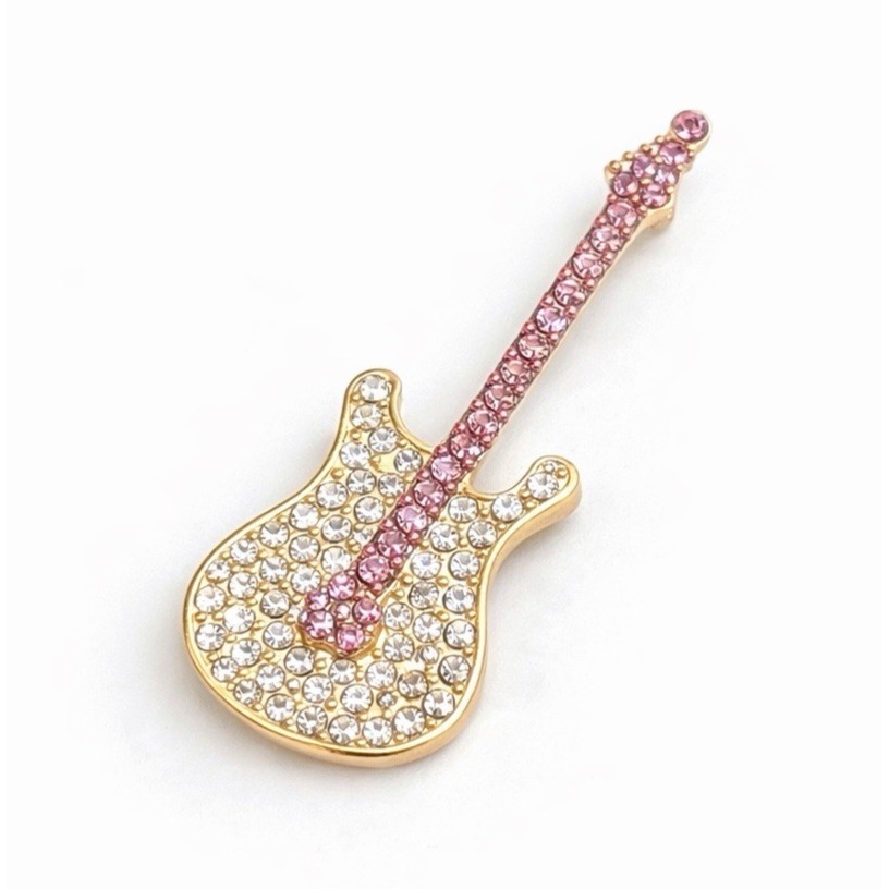 Pink Rhinestone Electric Guitar Brooch With Gold Tone Metal Accent Pin 225 11$